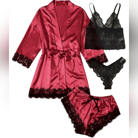 2/$50 Fall Winter Red Burgundy & Black Satin and Lace Sleepwear Set (#1,504) - Picture 1 of 3